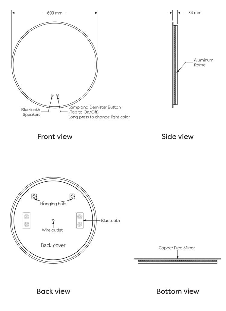 Arezzo 600mm Round Colour Changing LED Illuminated Bathroom Mirror with Bluetooth + Anti-Fog