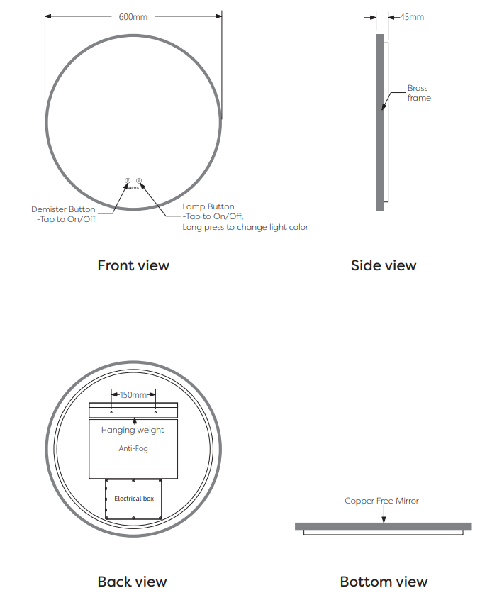 Arezzo 600 Round Backlit Colour Changing Mirror with Demister - Brushed Brass