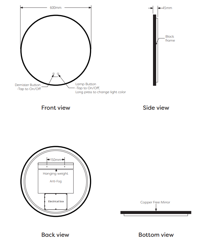 Arezzo 600mm Round LED Bathroom Mirror – Matt Black, Colour-Changing, Demister, Touch Sensor