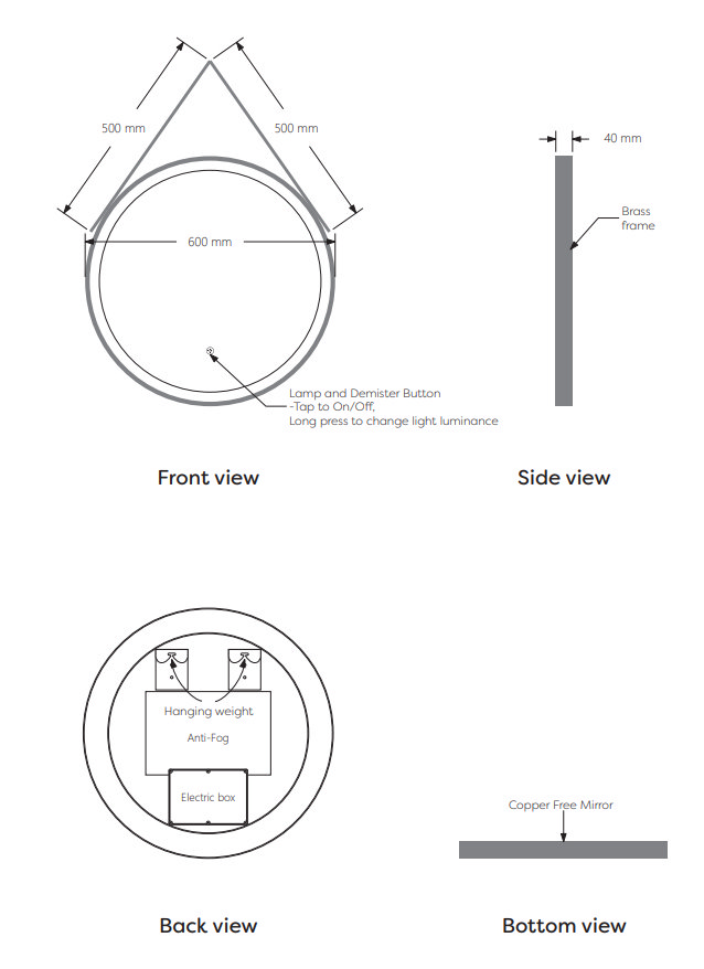 Arezzo Brushed Brass 600mm Round LED Illuminated Anti-Fog Bathroom Mirror