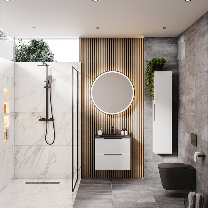 Arezzo Matt Black 600mm Round LED Illuminated Anti-Fog Bathroom Mirror