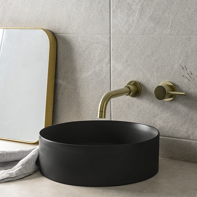 Arezzo 610 Black Marble Effect Worktop with Brushed Brass Framed Washstand & Matt Black Round Basin