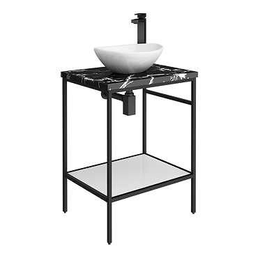 Arezzo 610 Black Marble Effect Worktop with Matt Black Framed Washstand & Gloss White Oval Basin