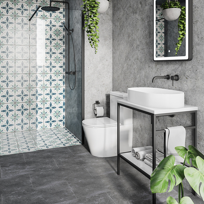 Arezzo 610 Gloss White Stone Resin Worktop with Matt Black Framed Washstand Feature Large Image