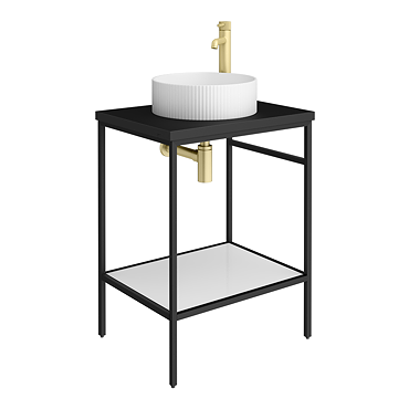 Arezzo 610 Matt Black Stone Resin Worktop with Washstand & Matt White Round Fluted Basin