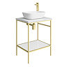 Arezzo 610 White Marble Effect Worktop with Brushed Brass Freestanding Washstand and Gloss White Rectangular Basin