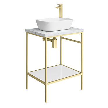 Arezzo 610 White Marble Effect Worktop with Brushed Brass Freestanding Washstand and Gloss White Rectangular Basin