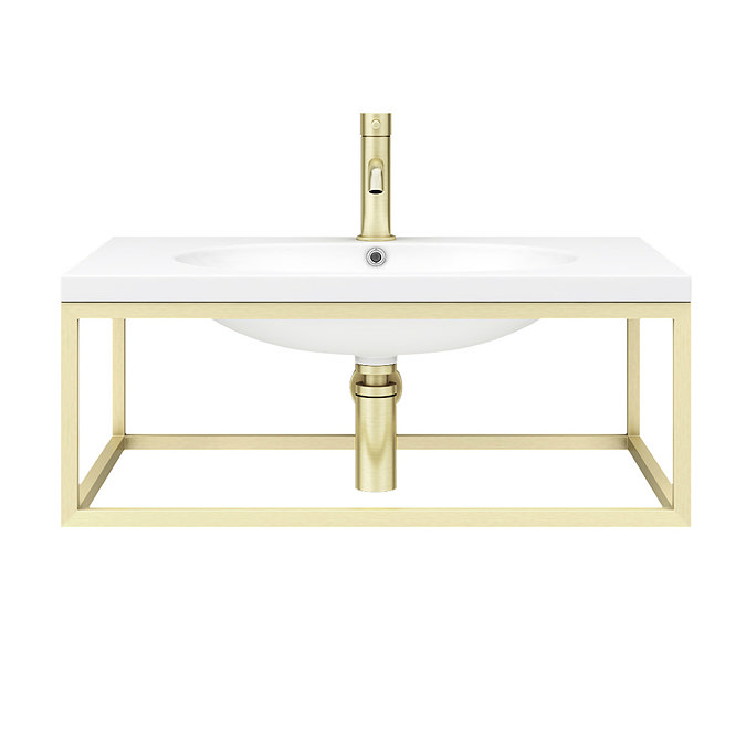 Arezzo 700 Wall Hung Basin with Brushed Brass Frame + Square Toilet  In Bathroom Large Image