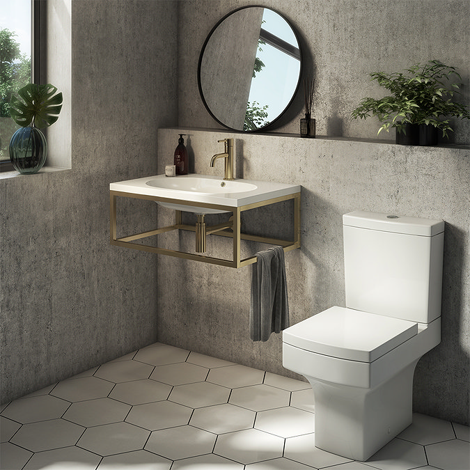 Arezzo 700 Wall Hung Basin with Brushed Brass Frame + Square Toilet Large Image