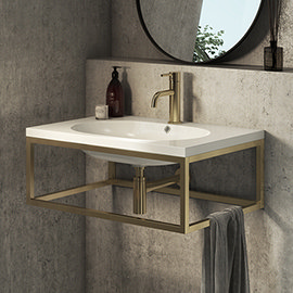 Arezzo 700 Wall Hung Basin with Brushed Brass Towel Rail Frame Medium Image