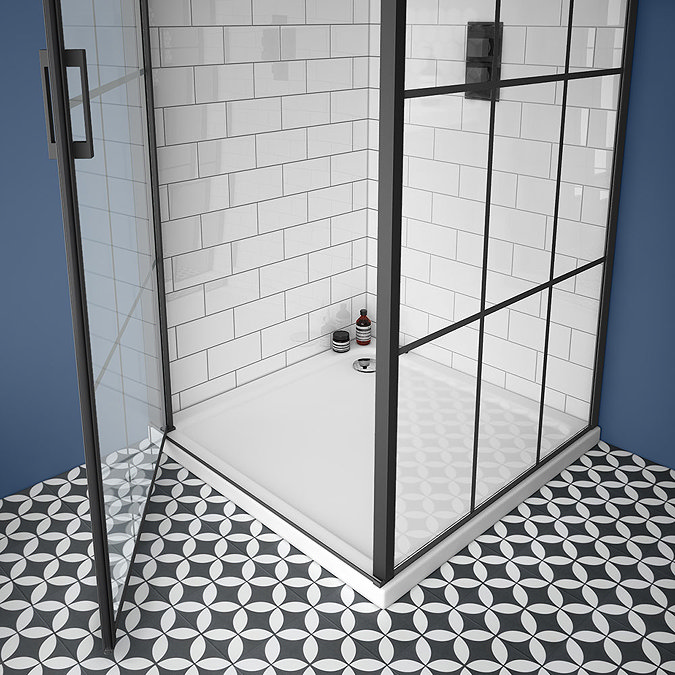 Arezzo 700 x 700 Matt Black Grid Frameless Pivot Door Shower Enclosure + Tray  In Bathroom Large Ima