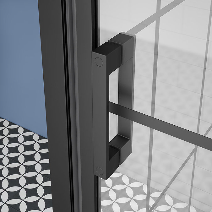 Arezzo 700 x 700 Matt Black Grid Frameless Pivot Door Shower Enclosure + Tray  Feature Large Image