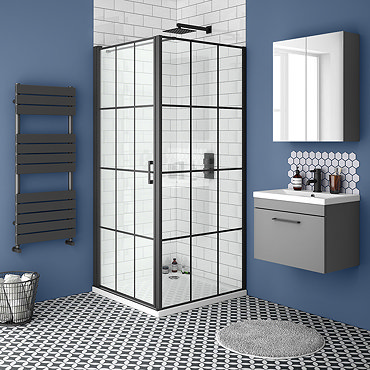 Arezzo 700 x 700 Matt Black Grid Frameless Pivot Door Shower Enclosure + Tray  In Bathroom Large Ima