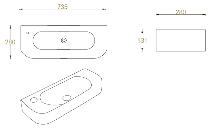Arezzo 710 x 275mm Curved Wall Hung 1TH Basin Left Hand Taphole
