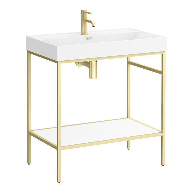 Arezzo 800 Brushed Brass Framed Washstand with Gloss White Open Shelf and Basin  Feature Large Image