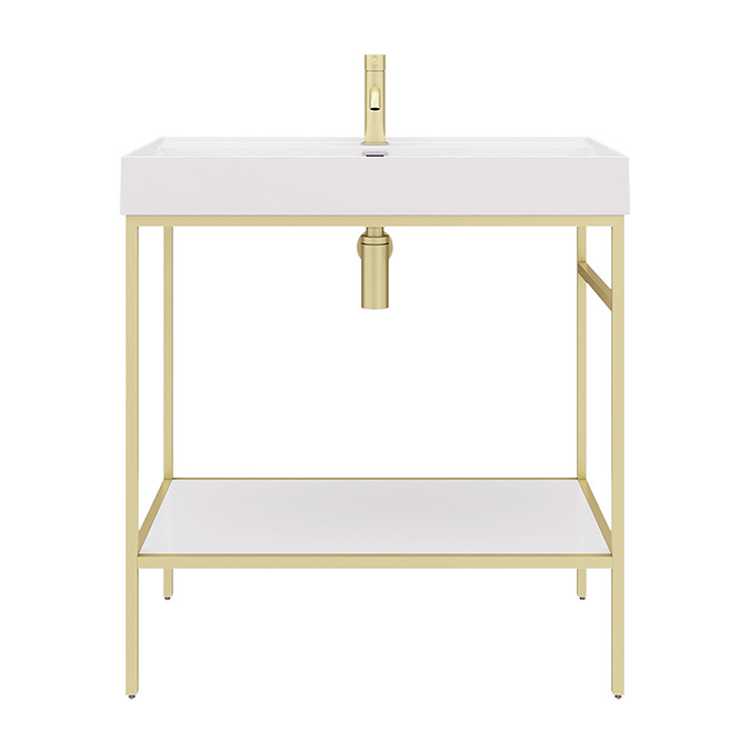 Arezzo 800 Brushed Brass Framed Washstand with Gloss White Open Shelf and Basin  Standard Large Image