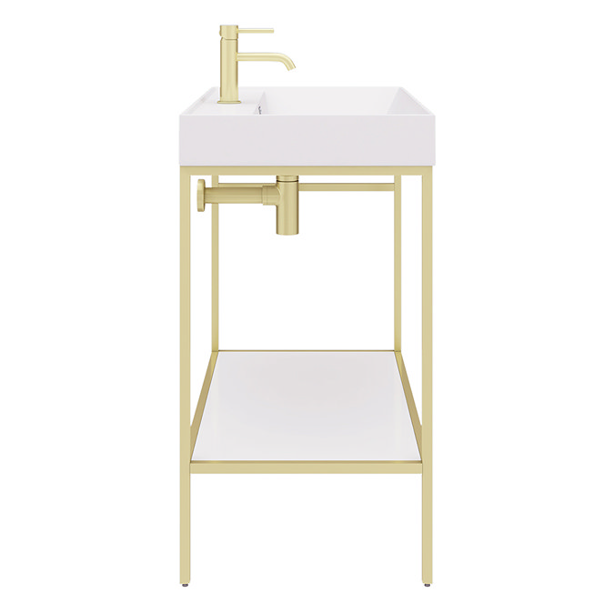 Arezzo 800 Brushed Brass Framed Washstand with Gloss White Open Shelf and Basin  In Bathroom Large Image