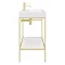 Arezzo 800 Brushed Brass Framed Washstand with Gloss White Open Shelf and Basin  In Bathroom Large Image