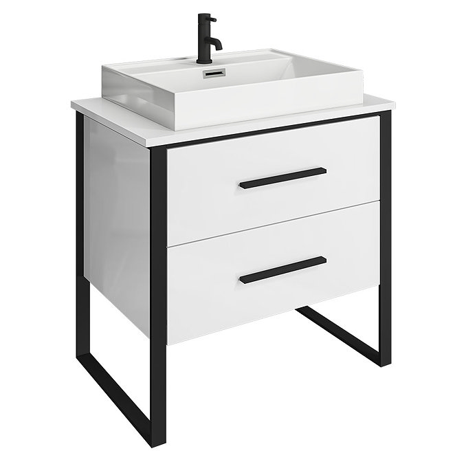 Arezzo 800 Gloss White Matt Black Framed 2 Drawer Vanity Unit with Countertop Basin Large Image