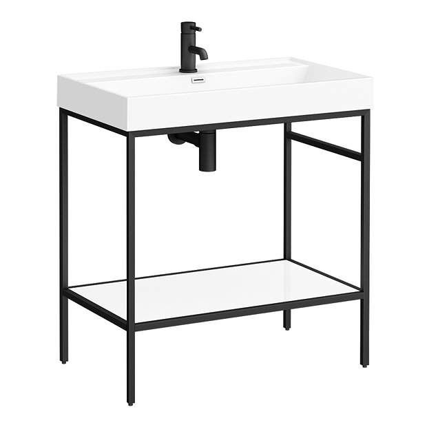 Arezzo 800 Matt Black Framed Washstand with Gloss White Open Shelf and Basin  Profile Large Image