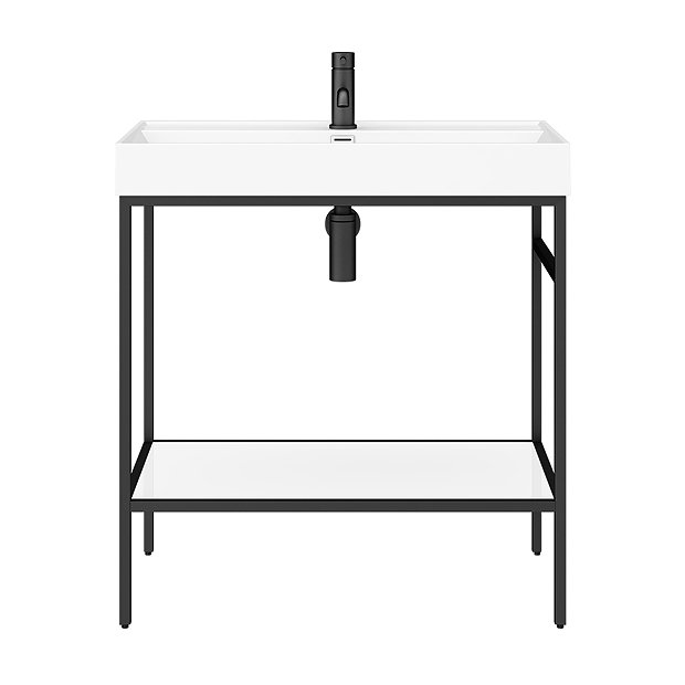 Arezzo 800 Matt Black Framed Washstand with Gloss White Open Shelf and Basin  In Bathroom Large Imag
