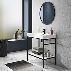 Arezzo 800 Matt Black Framed Washstand with Gloss White Open Shelf and Basin Medium Image