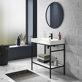 Arezzo 800 Matt Black Framed Washstand with Gloss White Open Shelf and Basin Large Image