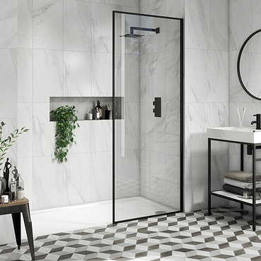 Arezzo 800 x 1950 Square Matt Black Framed 8mm Wetroom Screen  Profile Large Image