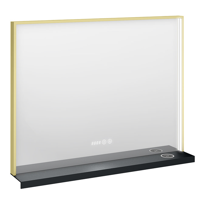Arezzo 800 x 600 Brushed Brass LED Mirror with Wireless Charging Shelf, Anti-Fog, Touch Sensor and Time Display