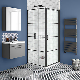 Arezzo 800 x 800 Matt Black Grid Frameless Pivot Door Shower Enclosure + Tray (R/H Opening) Large Im