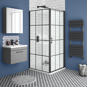 Arezzo 800 x 800 Matt Black Grid Frameless Pivot Door Shower Enclosure + Tray  In Bathroom Large Ima