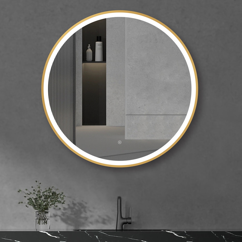 Arezzo Brushed Brass 800mm Round LED Illuminated Anti-Fog Bathroom Mirror