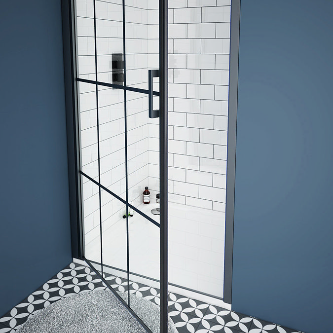 Arezzo 850mm Matt Black Grid Frameless Pivot Shower Door + Tray for Recess  In Bathroom Large Image