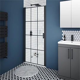 Arezzo 850mm Matt Black Grid Frameless Pivot Shower Door + Tray for Recess Medium Image