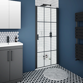 Arezzo 800mm Matt Black Grid Frameless Pivot Shower Door + Tray for Recess - R/H Opening Large Image