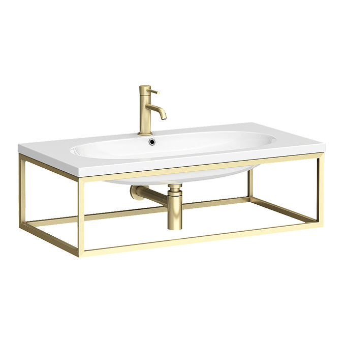 Arezzo 900 Wall Hung Basin with Brushed Brass Towel Rail Frame Large Image