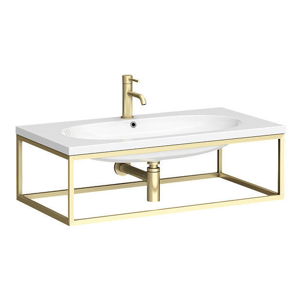 Arezzo 900 Wall Hung Basin with Brushed Brass Towel Rail Frame