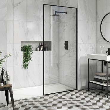 Arezzo 900 x 1950 Square Matt Black Framed 8mm Wetroom Screen  Profile Large Image