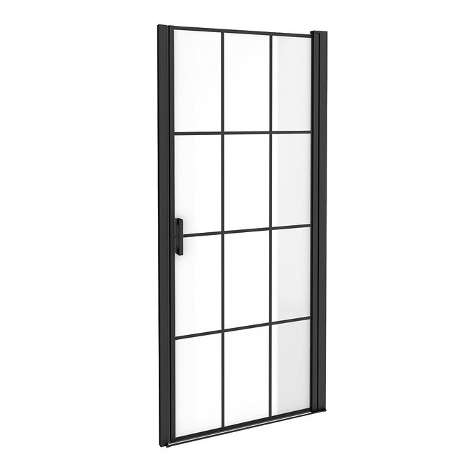 Arezzo 900 x 1970 Matt Black Grid Frameless Pivot Shower Door for Recess - R/H Opening Large Image