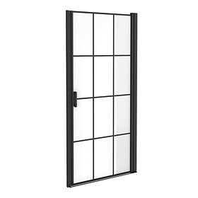 Arezzo 900 x 1970 Matt Black Grid Frameless Pivot Shower Door for Recess - R/H Opening Large Image