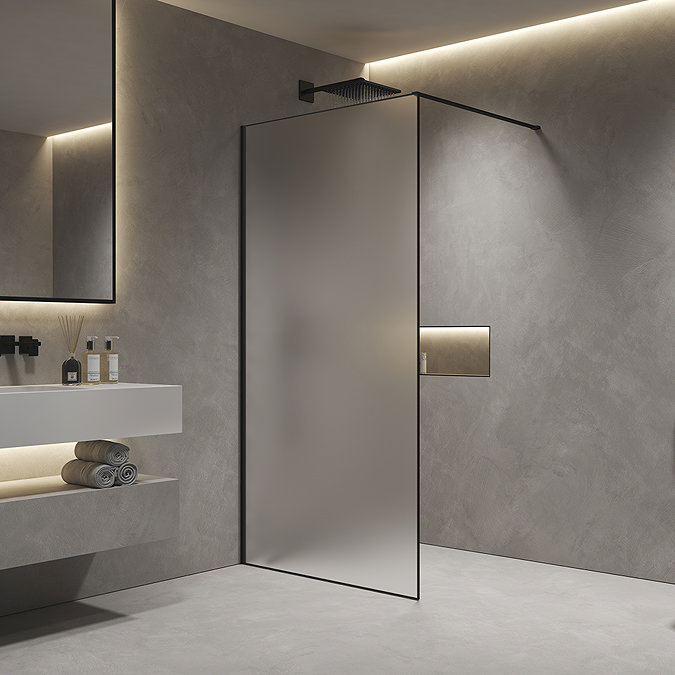 Arezzo 900 x 2000 Matt Black Slim Frame Frosted Glass Wetroom Screen