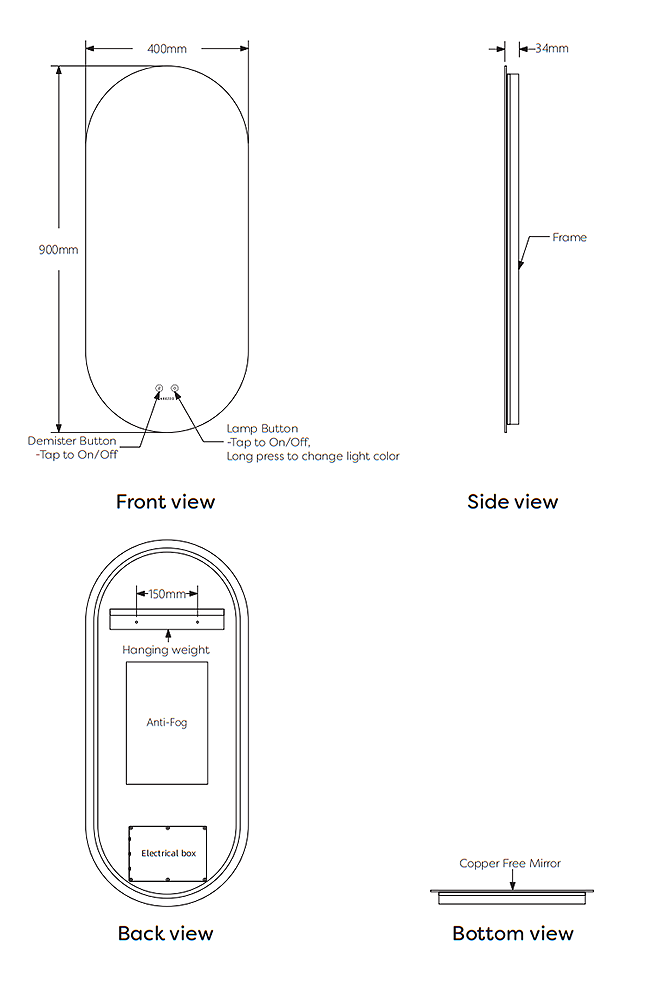 Arezzo 900 x 400mm Oval LED Bathroom Mirror - Colour Changing Backlit Light, Anti-Fog, Touch Sensor