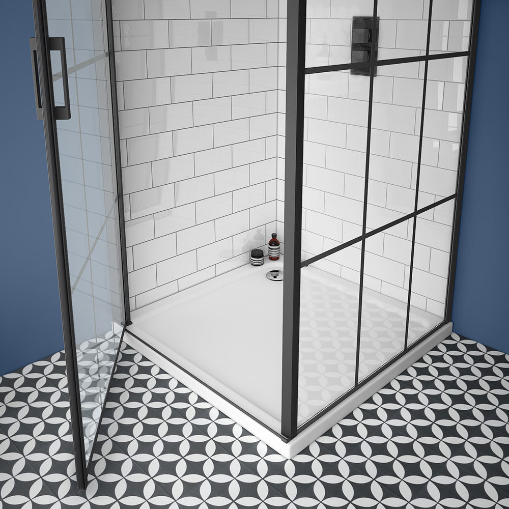 Arezzo 900 x 900 Matt Black Grid Frameless Pivot Door Shower Enclosure Tray