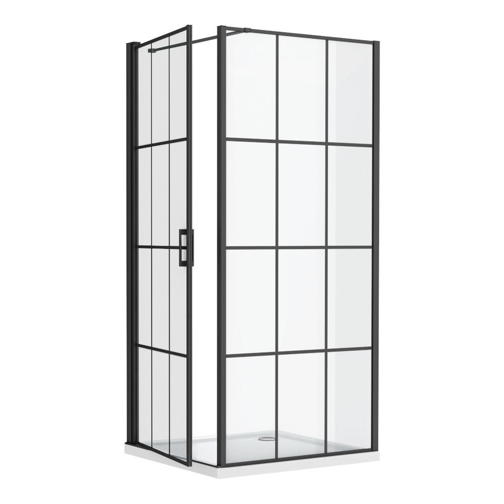 Arezzo 900 x 900 Matt Black Grid Frameless Pivot Door Shower Enclosure Tray