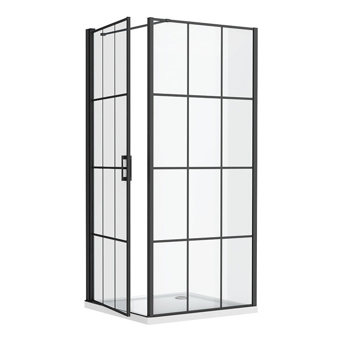 Arezzo 900 x 900 Matt Black Grid Frameless Pivot Door Shower Enclosure + Tray  In Bathroom Large Image