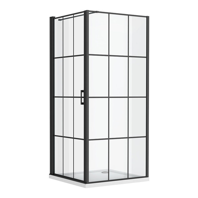 Arezzo 900 x 900 Matt Black Grid Frameless Pivot Door Shower Enclosure + Tray  additional Large Image