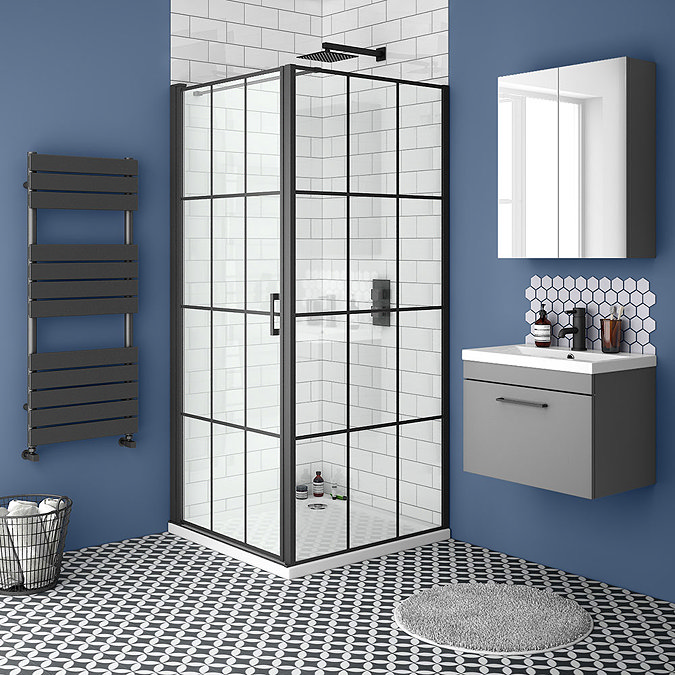 Arezzo 900 x 900 Matt Black Grid Frameless Pivot Door Shower Enclosure + Tray Large Image