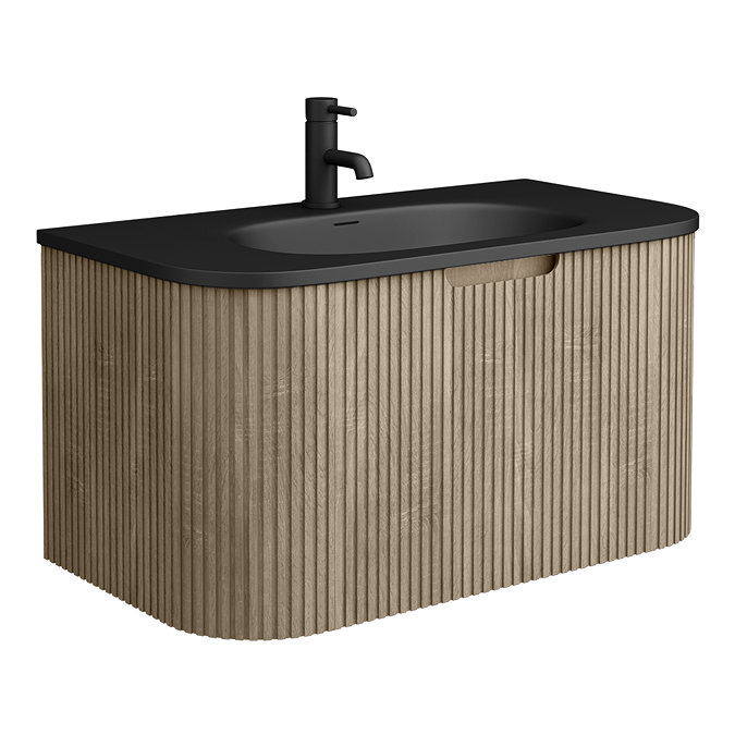Arezzo 900mm Slatted Light Oak & Black Basin Wall Hung Bathroom Furniture Package