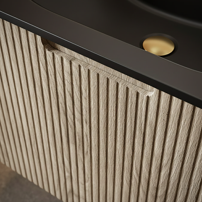 Arezzo 900mm Slatted Light Oak Wall Mounted Curved Vanity Unit with Matt Black Basin