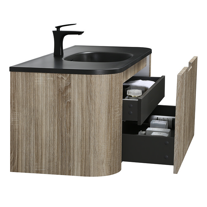 Arezzo 900mm Slatted Light Oak Wall Mounted Curved Vanity Unit with Matt Black Basin